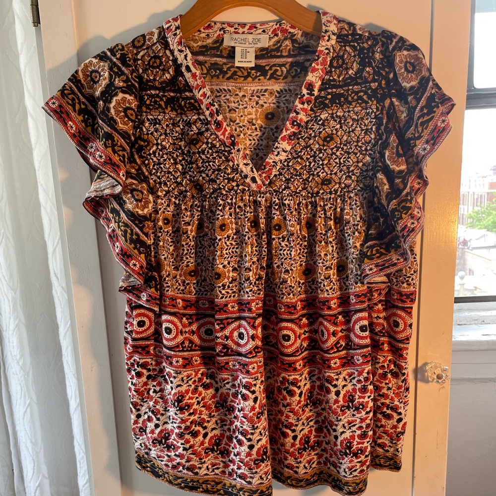 Rachel Zoe Hippie Print Ruffle Sleeve Top